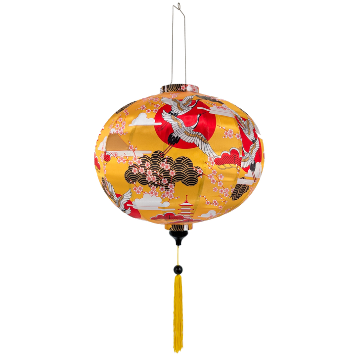 Round shaped Vietnamese silk lantern featuring cranes, crimson sun and temple on yellow with matching yellow tassel