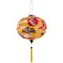 Round shaped Vietnamese silk lantern featuring cranes, crimson sun and temple on yellow with matching yellow tassel