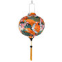 Round lantern with floral and crane design on an orange background with gold swirls.