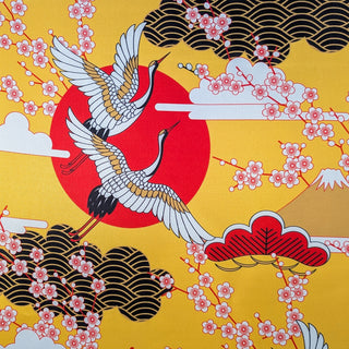 Traditional Japanese design with cranes, cherry blossoms, and Mount Fuji on a yellow background.