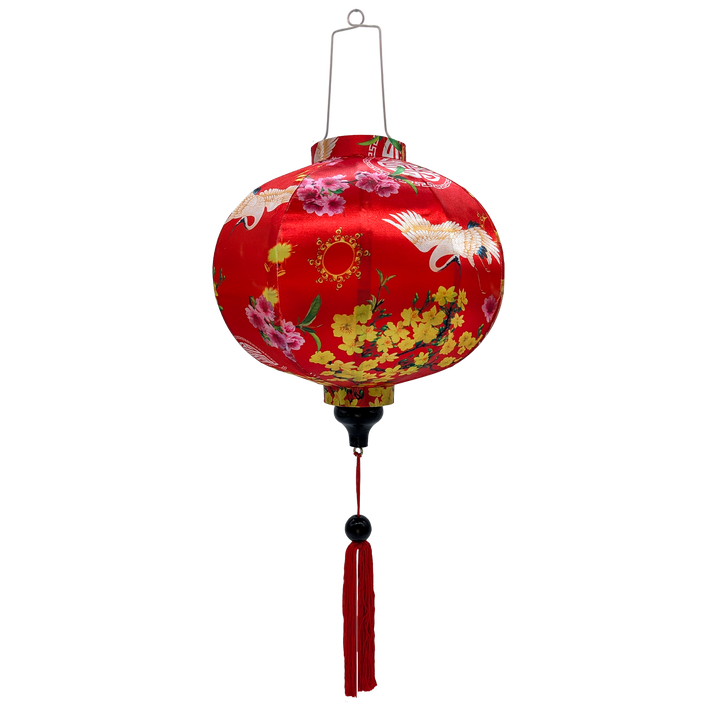 Round lantern with cranes, yellow and pink flowers on red silk.