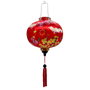 Round lantern with cranes, yellow and pink flowers on red silk.
