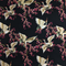 Polyester silk fabric with red-headed white cranes amongst pink cherry blossoms against a black background.