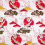 Polyester silk fabric featuring white cranes with golden wings soaring through a landscape of golden clouds, volcanos, and red blossoms on white background.