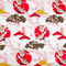 Polyester silk fabric featuring white cranes with golden wings soaring through a landscape of golden clouds, volcanos, and red blossoms on white background.