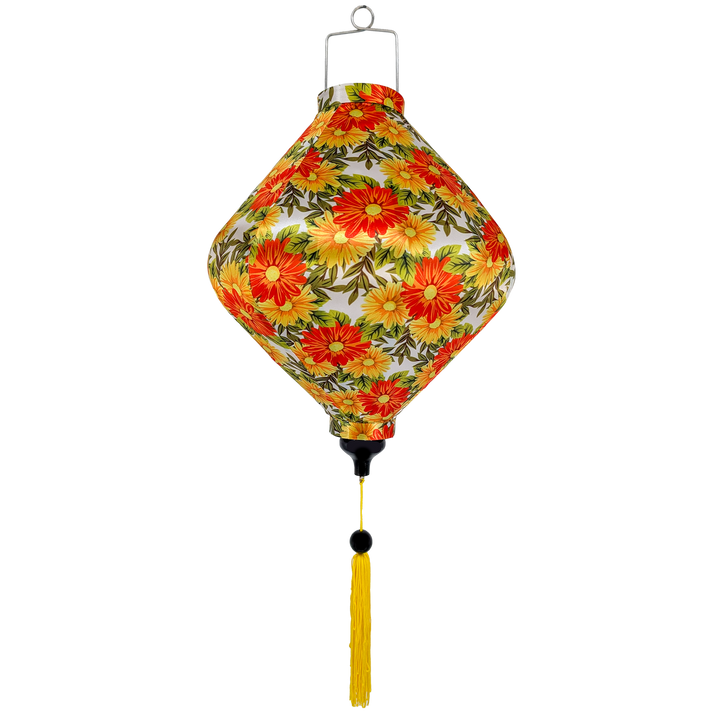 Lozenge shape lantern with floral pattern and yellow tassel on a white background