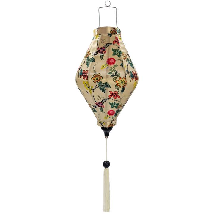 Tube shaped Hoi An Lantern featuring delicate flowers against creamy background with white tassel.