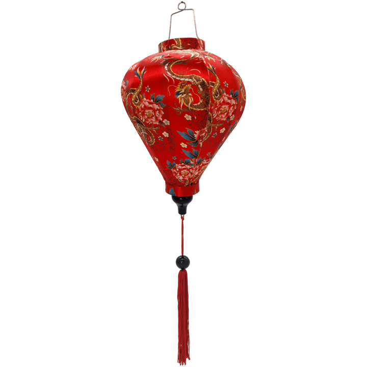 Balloon shaped lantern with red tassel and print of golden dragons and large pink chrysanthemums to celebrate the Year of the Dragon.