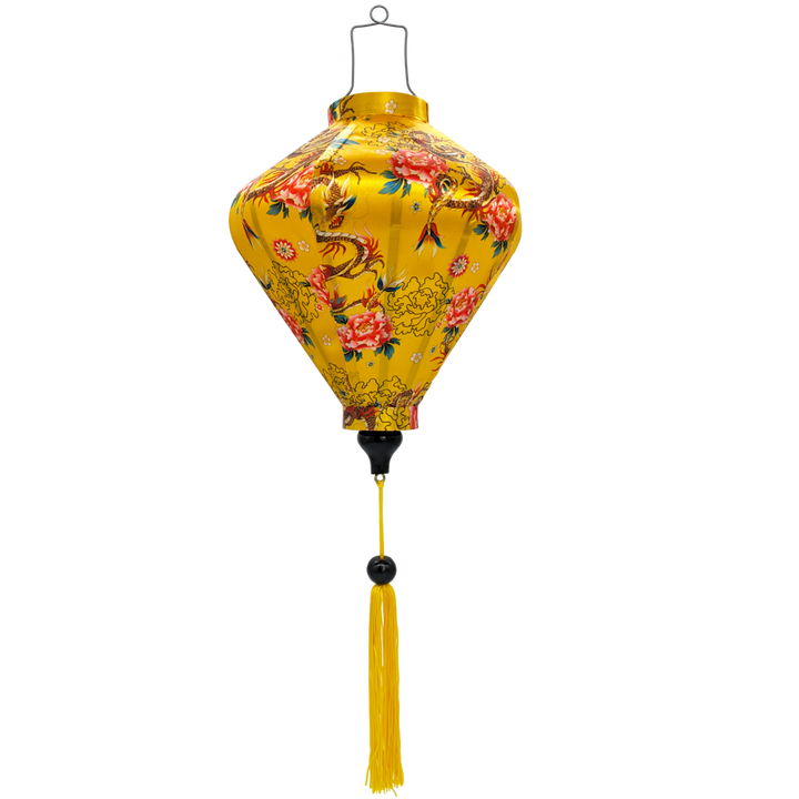 Diamond shaped Vietnamese Hoi An Lantern with golden dragons and large pink chrysanthemums on yellow, perfect for home decor.