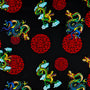 Polyester silk fabric with green and blue dragons on a black backdrop, decorated with traditional red symbols.