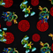 Polyester silk fabric with green and blue dragons on a black backdrop, decorated with traditional red symbols.