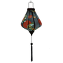 Glowing handcrafted Teardrop shaped Vietnamese lantern with green and blue dragons on a black.