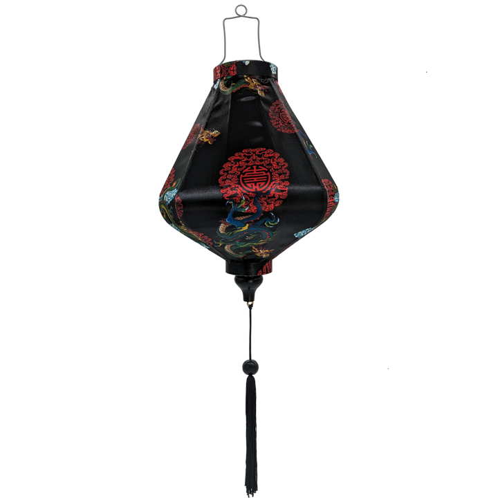 Teardrop shaped lantern with green and blue dragons on a black backdrop.
