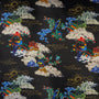 Polyester silk fabric with intricate patterns of mountains, clouds, and traditional elements on a black background.
