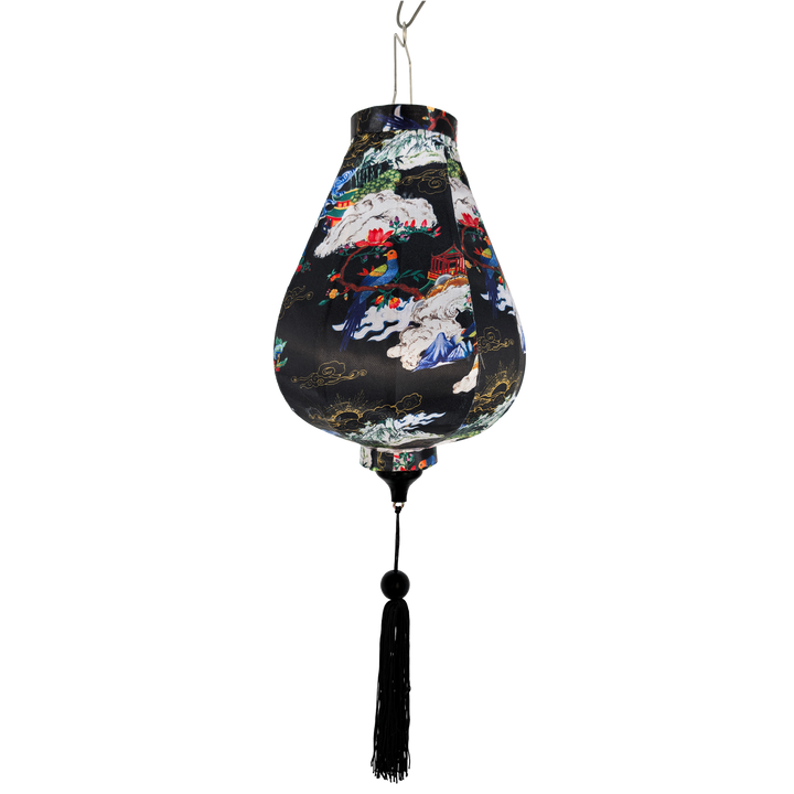 Garlic shape hanging lantern with white clouds, gold detail and birds patterns on a black background