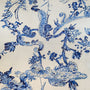 Polyester silk fabric with blue pattern on a white background