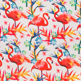 Colourful pattern of flamingos and bird of paradise tropical plants on a polyester silk fabric with white background