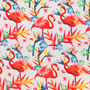 Colourful pattern of flamingos and bird of paradise tropical plants on a polyester silk fabric with white background