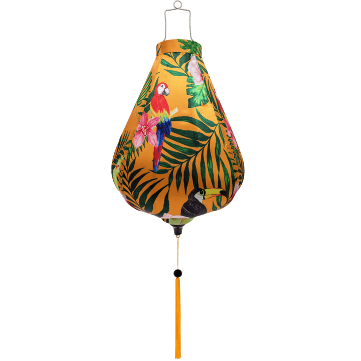 Garlic shaped lantern with exotic birds and orange tassel.