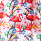White polyester silk fabric with print of flamingos and bird of paradise flowers.