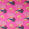 Polyester silk fabric with a design of yellow fans, a house overlooking trees beneath snow capped mountains and surrounded by blooms of pink on a brilliant pink background. Perfect for hand making Vietnamese Hoi An Lanterns.