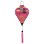 Balloon shaped Vietnamese Hoi An Lantern with pink tassel  and a design of yellow fans, a house overlooking trees beneath snow capped mountains and surrounded by blooms of pink on a brilliant pink background. 