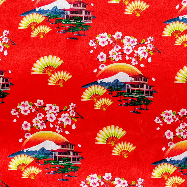 Traditional Japanese pattern with cherry blossoms, fans, and mountains on a red background.