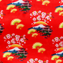 Traditional Japanese pattern with cherry blossoms, fans, and mountains on a red background.