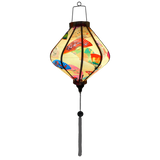 Lozenge shaped glowing lantern with quirky fans shaped in diverse styles and colours, seamlessly set against a captivating cream backdrop. 