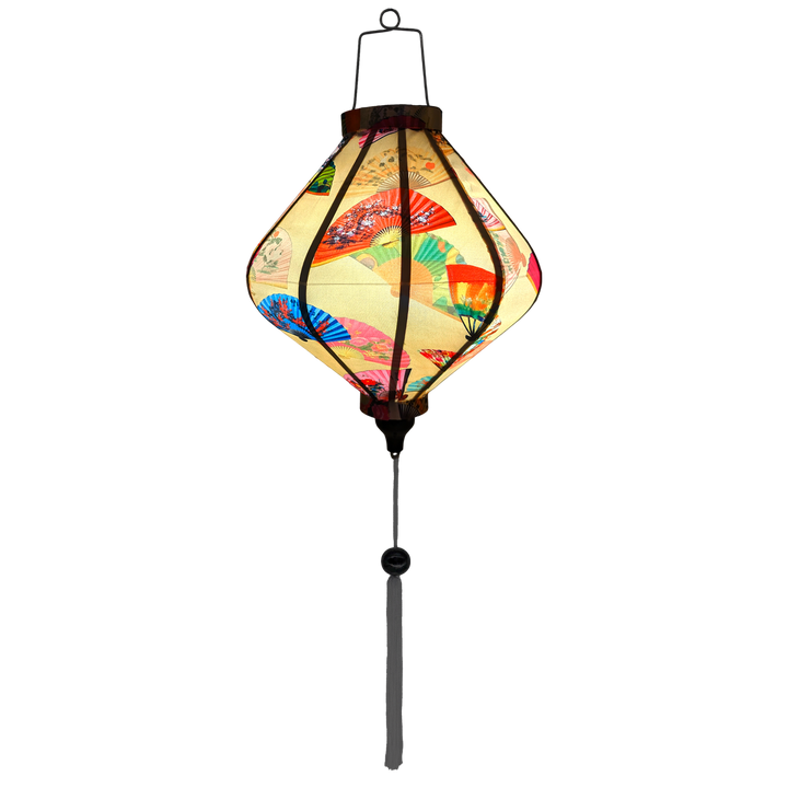 Lozenge shaped glowing lantern with quirky fans shaped in diverse styles and colours, seamlessly set against a captivating cream backdrop. 