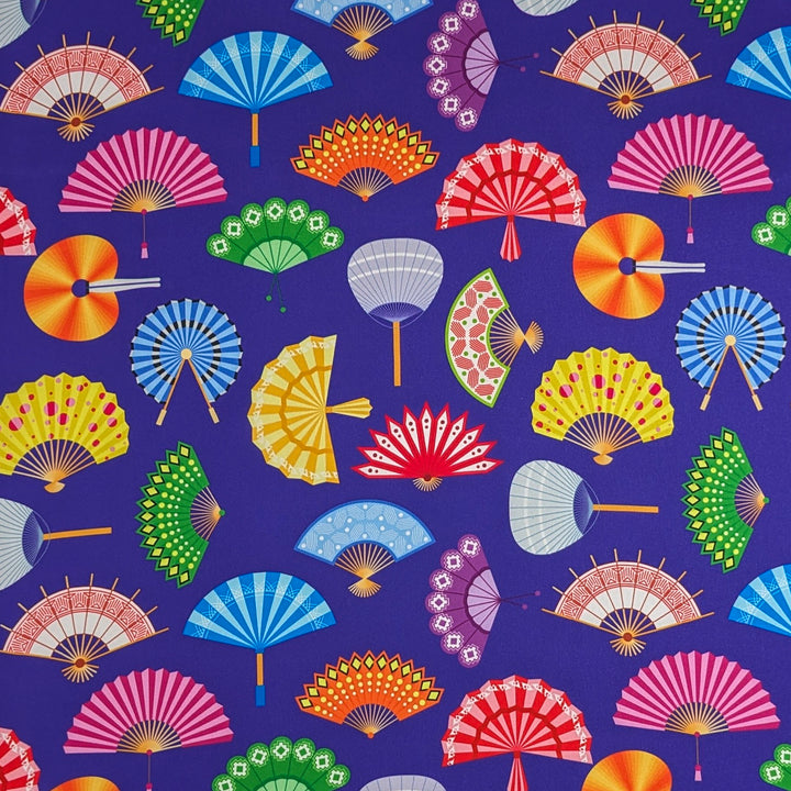 Polyester silk fabric print for traditional Vietnamese lanterns featuring colorful fans on a rich purple background.