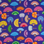Polyester silk fabric print for traditional Vietnamese lanterns featuring colorful fans on a rich purple background.