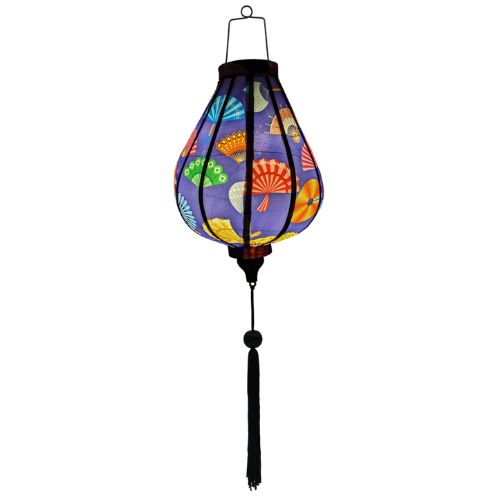 Glowing Garlic shaped Vietnamese Hoi An lantern with a bold purple hue and colorful fan patterns. Artisan-crafted, perfect for home decor and celebrations.