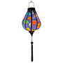 Glowing Garlic shaped Vietnamese Hoi An lantern with a bold purple hue and colorful fan patterns. Artisan-crafted, perfect for home decor and celebrations.
