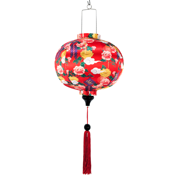 Round red lantern with floral patterns and a red tassel.