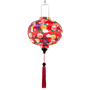 Round red lantern with floral patterns and a red tassel.