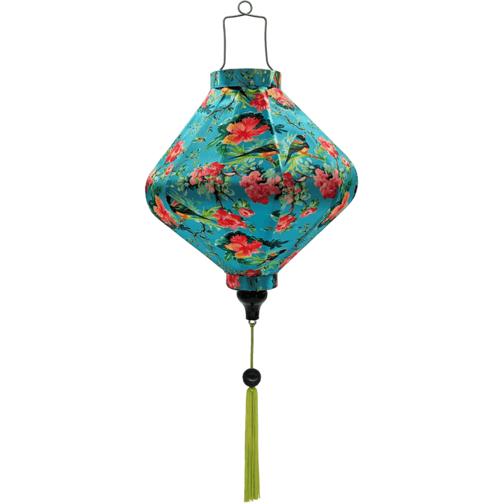 Lozenge shaped Vietnamese lantern with green tassel.