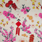 Polyester silk fabric with firecrackers, lanterns and pink blossoms, used to create Vietnamese handmade lanterns.