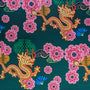 Fabric pattern with dragons and pink flowers on a green background