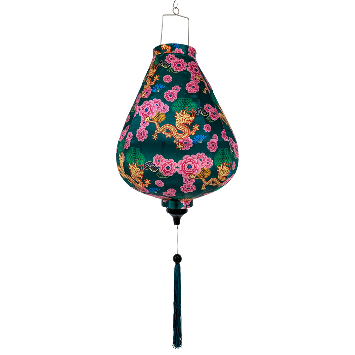 Garlic shape lantern with floral and dragon design on a dark green background with matching tassel