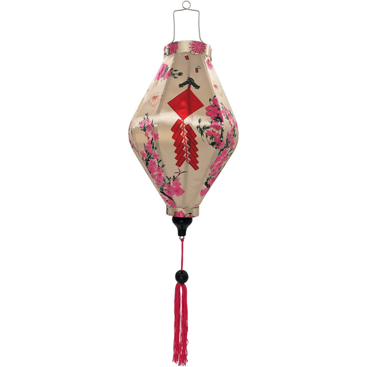 Tube shaped Vietnamese lantern with firecrackers, pink blossoms and pink tassel.