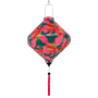 Lozenge shaped Vietnamese silk lantern with pink background and green and orange fish design on a bright pink background and matching pink tassel.