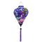 Balloon shaped lantern with a print of koi fish swimming around bamboo reeds and pink lotus flowers on purple background.