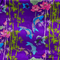 Close up print of polyester silk fabric with a print of koi fish swimming around bamboo and pink lotus flowers on purple background.