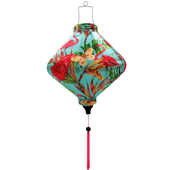 Lozenge shaped lantern with pink tassel.