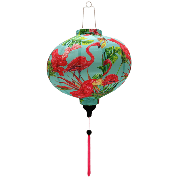Round Hoi An Vietnamese lantern with flamingos on blue and pink tassel.
