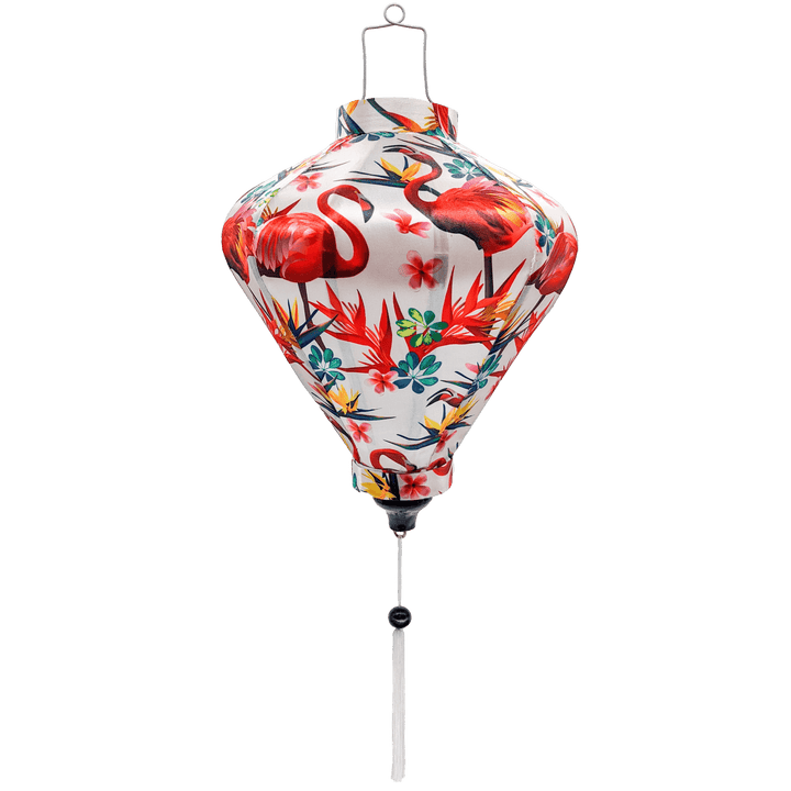 Diamond shape Vietnamese lantern with flamingos and bird of paradise flowers on a white background.