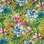 Tropical fabric pattern with flamingos, flowers, and leaves on a green background