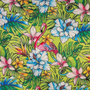 Tropical fabric pattern with flamingos, flowers, and leaves on a green background