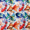 Polyester silk fabric used for Hoi An Silk Lanterns features orange, green and blue fish swimming on a white background.